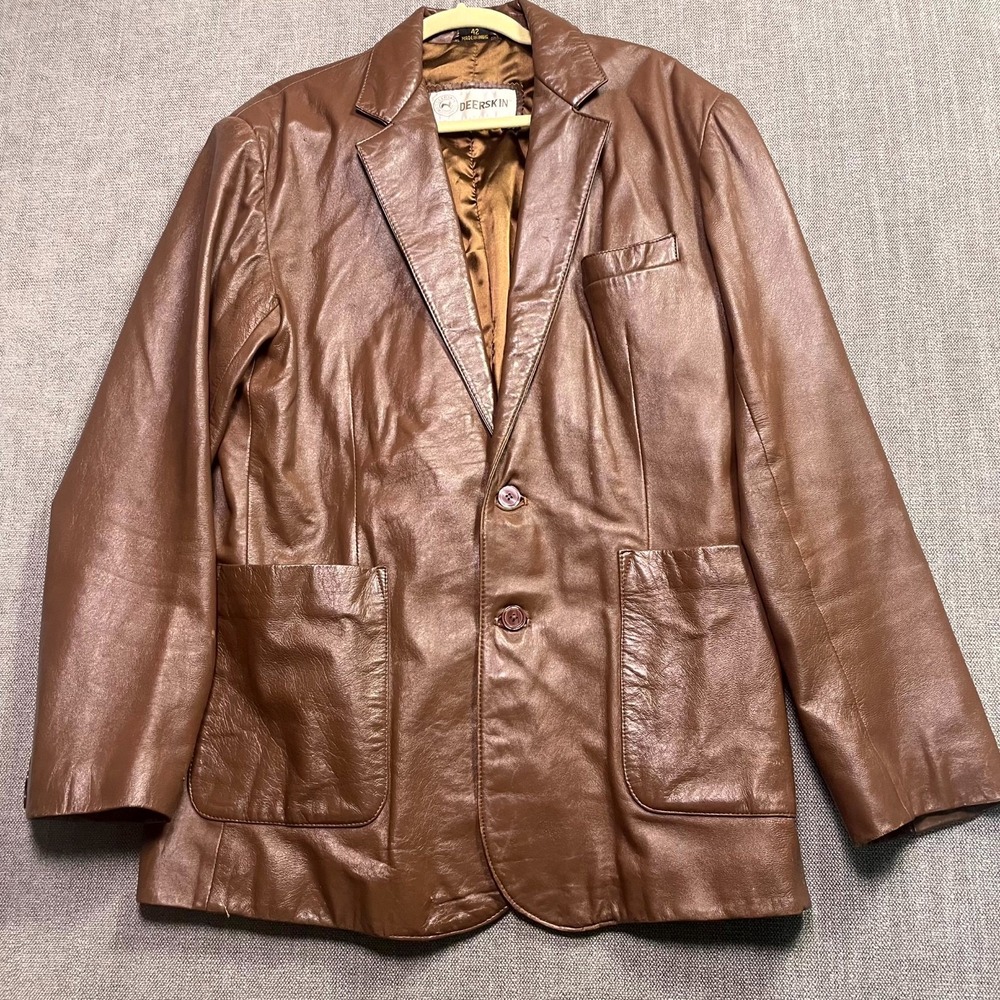 Deerskin Leather‎ Blazer Jacket Mens 42 Brown Lined Notch Lapel Single Vented